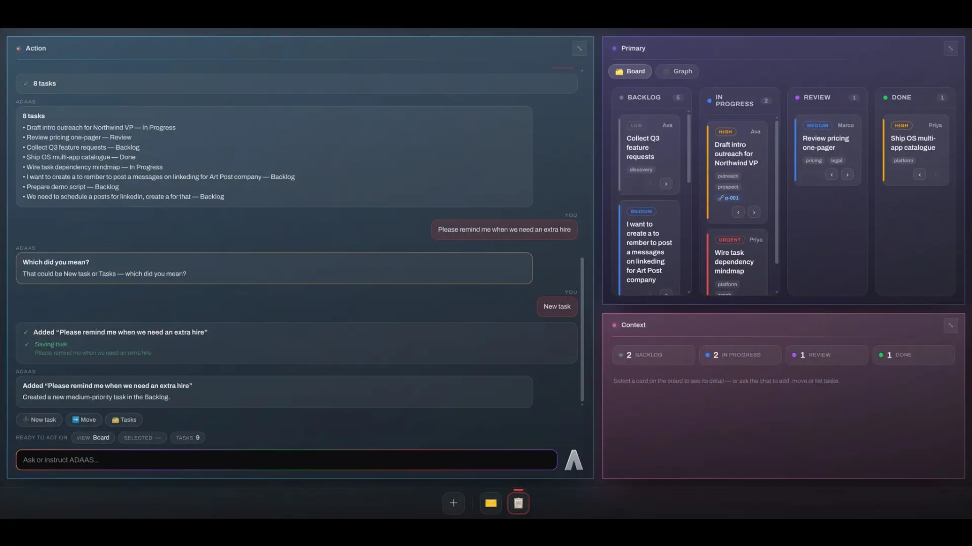 The A-OS environment showing an AI action panel, a live task board, and a shared context panel working together
