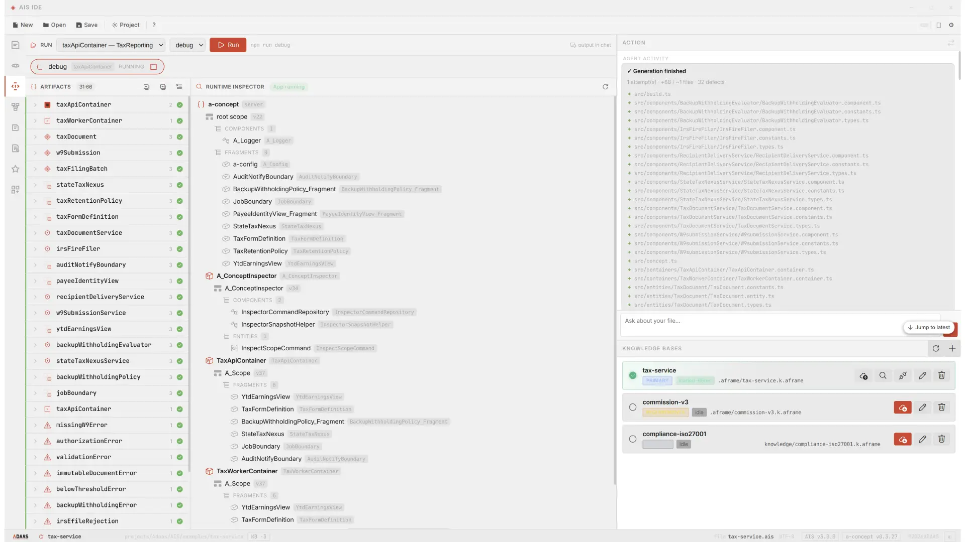 AIS Studio runtime inspector showing the live application structure of containers, scopes, components and entities