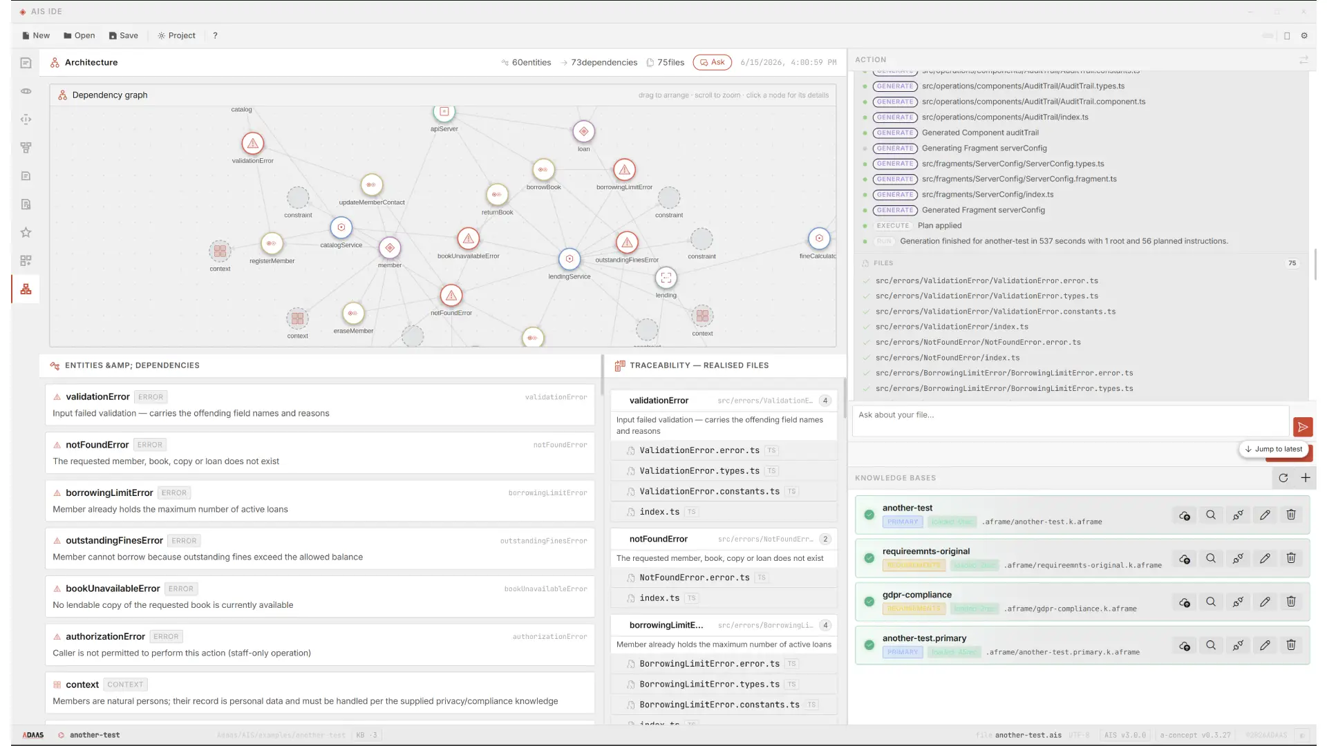 AIS Studio architecture view showing an application dependency graph, entities and traceability to generated files